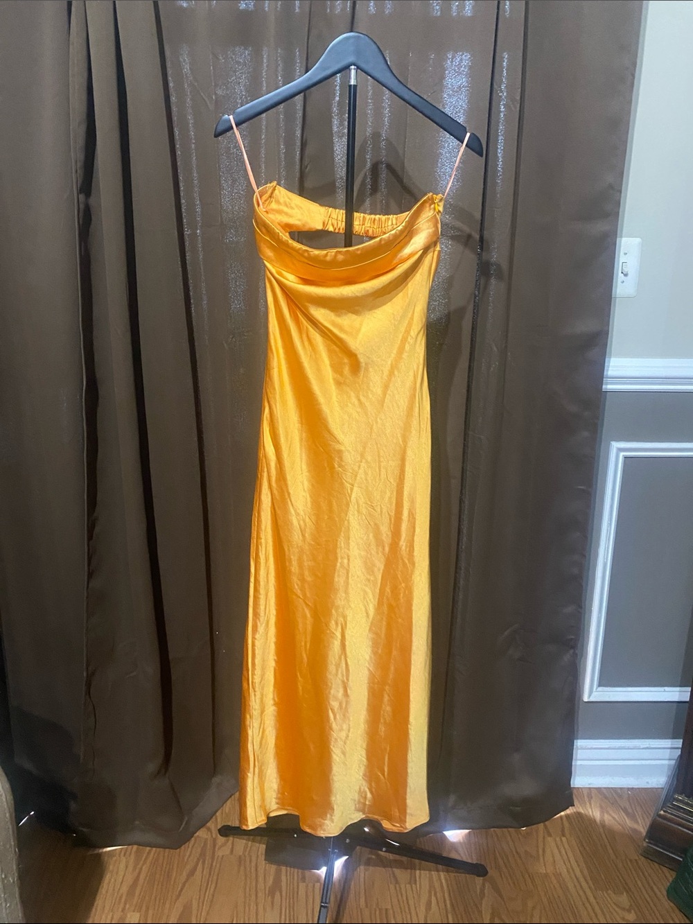 Golden Satin Cowl-Neck Maxi Dress